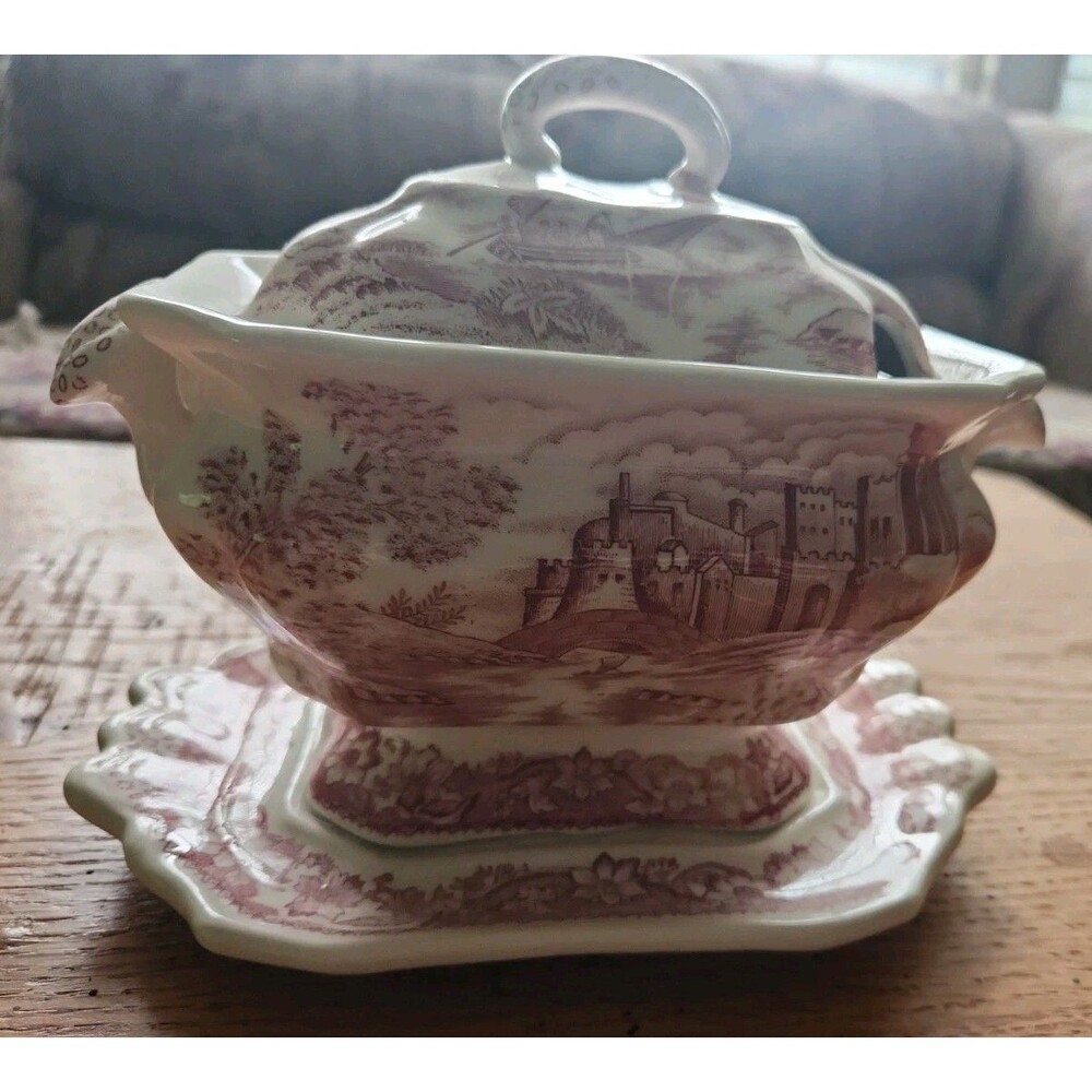 Vintage Red Transferware Sauce Tureen with Lid & Underplate Castle Boat Pattern